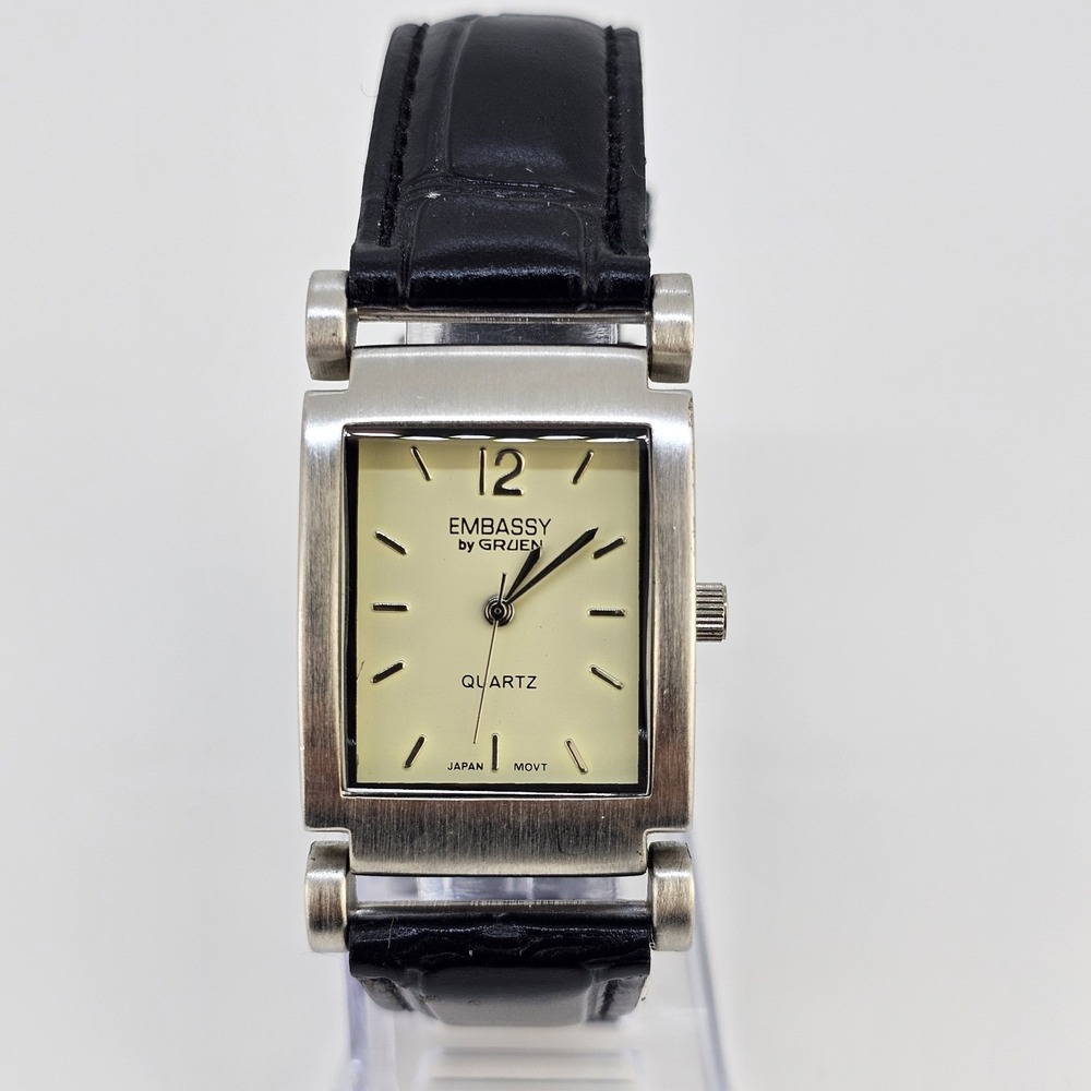 Embassy by Gruen Women's Watch 26MM Cream Dial Black Leather Bands NEW Battery